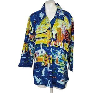 Michael Leu Womens Art To Wear, Bridge, Water, Cotton, Button Front, Gems, Sz XL